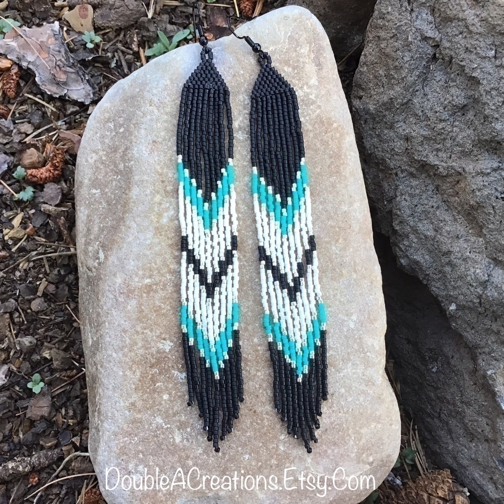 Black and Turquoise Fringed Long Earrings, New, Handmade by Me